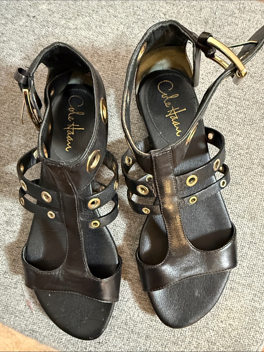 Cole Haan Black Leather Grommet Detail Sandals